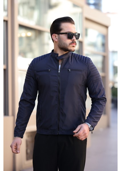 Erkek Lacivert Su ve Rüzgar Geçirmez Slim Fit Astarlı Mevsimlik Mont