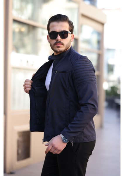 Erkek Lacivert Su ve Rüzgar Geçirmez Slim Fit Astarlı Mevsimlik Mont modelleri