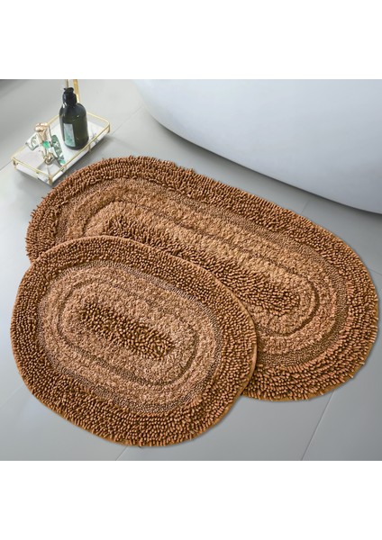 Doğal Pamuklu Spagetti Oval Kahve 2'li Banyo Paspası Seti Banyo Halısı Klozet Takımı