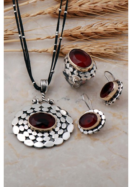 Pullu Elişi Kök Yakut Taşlı Gümüş Set 1233