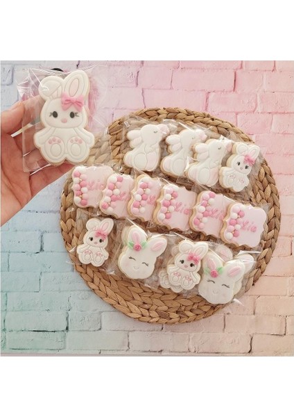 İsimli Tavşanlı Pembe Beyaz Sade ve Şık Model Butik Kurabiye - 20 Adet modelleri