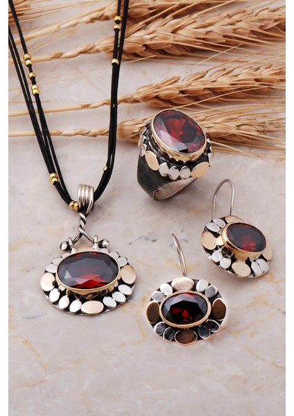 Pullu Elişi Granat Taşlı Gümüş Set 1264