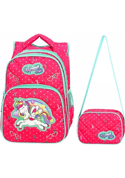3 Bölmeli Ilkokul Çantası ve Beslenme Çantası Unicorn Benekli Pembe 24005
