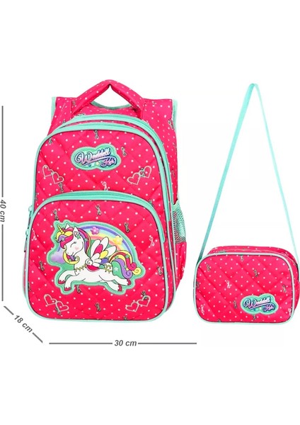 3 Bölmeli Ilkokul Çantası ve Beslenme Çantası Unicorn Benekli Pembe 24005