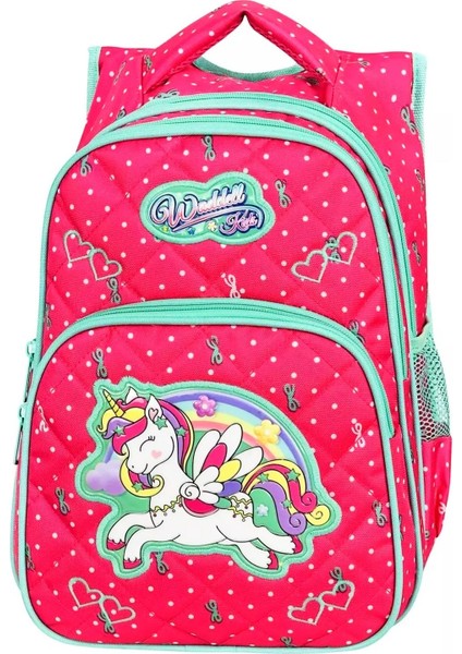 3 Bölmeli Ilkokul Çantası ve Beslenme Çantası Unicorn Benekli Pembe 24005