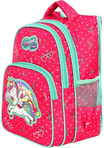 3 Bölmeli Ilkokul Çantası ve Beslenme Çantası Unicorn Benekli Pembe 24005