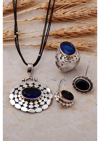 Pullu Elişi Safir Taşlı Gümüş Set 1249