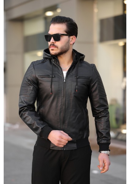 Erkek Siyah Dar Kesim Kapüşonlu Bel Lastikli Ribanalı Deri Ceket & Mont fırsatları