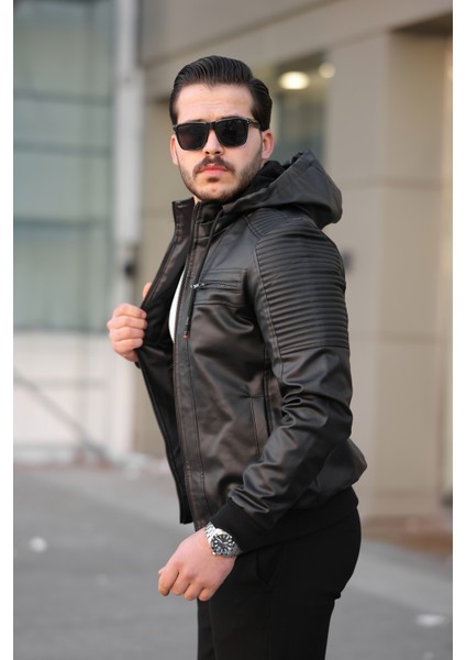 Erkek Siyah Dar Kesim Kapüşonlu Bel Lastikli Ribanalı Deri Ceket & Mont indirimleri