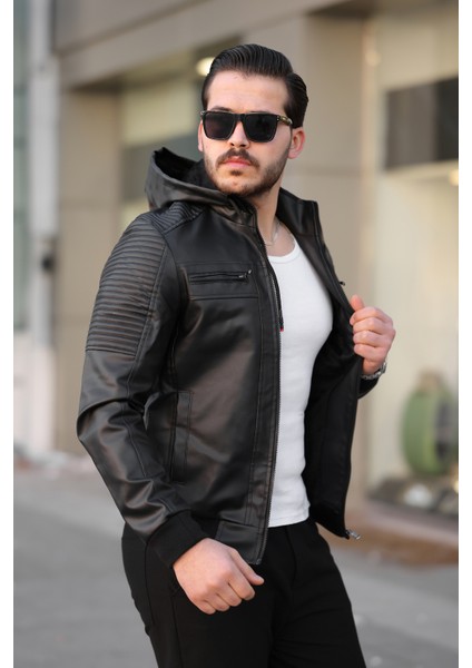 Erkek Siyah Dar Kesim Kapüşonlu Bel Lastikli Ribanalı Deri Ceket & Mont