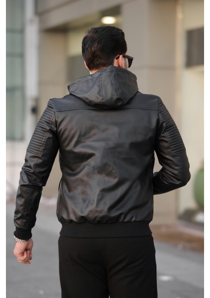 Erkek Siyah Dar Kesim Kapüşonlu Bel Lastikli Ribanalı Deri Ceket & Mont
