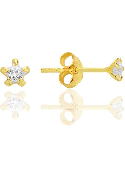 Gümüş Zirkon Taşlı, Altın Yaldızlı, Yıldız Kesim 3 mm Tektaş Küpe SGTL12735GOLD