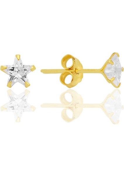 Gümüş Zirkon Taşlı, Altın Yaldızlı, Yıldız Kesim 5 mm Tektaş Küpe SGTL12737GOLD