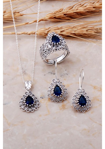 Safir Taşlı Telkari El Yapımı Gümüş Set 1494