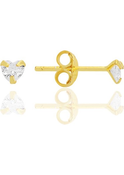 Gümüş Zirkon Taşlı, Altın Yaldızlı, Kalp Kesim 3 mm Tektaş Küpe SGTL12738GOLD