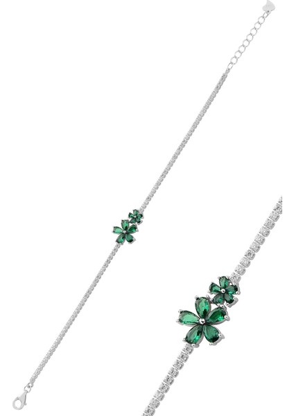 Gümüş Rodyumlu Yeşil Taşlı Gülen Çiçekler Su Yolu Bileklik SGTL12762 Yeşil