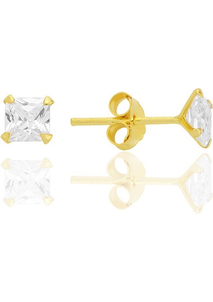 Gümüş Zirkon Taşlı, Altın Yaldızlı, Kare (Prenses) Kesim 4 mm Tektaş Küpe SGTL12742GOLD