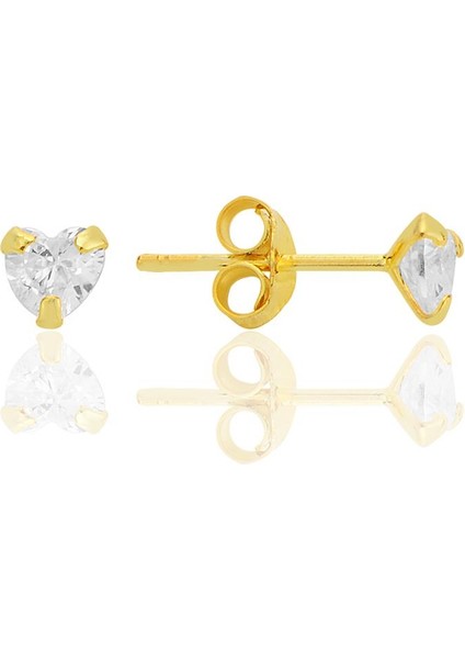 Gümüş Zirkon Taşlı, Altın Yaldızlı, Kalp Kesim 4 mm Tektaş Küpe SGTL12739GOLD