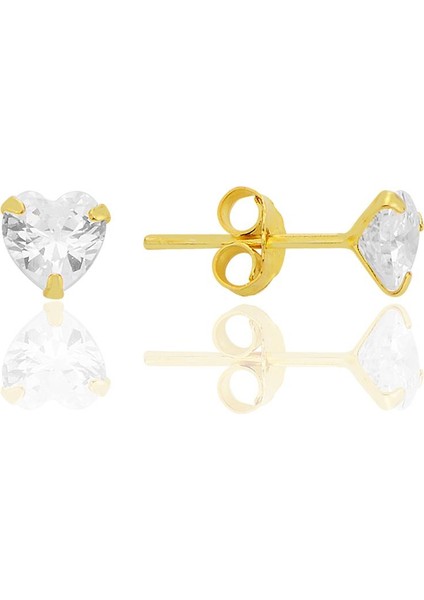 Gümüş Zirkon Taşlı, Altın Yaldızlı, Kalp Kesim 5 mm Tektaş Küpe SGTL12740GOLD