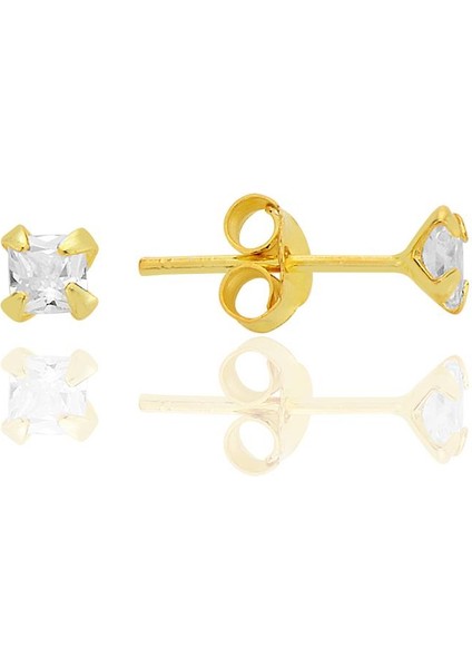 Gümüş Zirkon Taşlı, Altın Yaldızlı, Kare (Prenses) Kesim 3 mm Tektaş Küpe SGTL12741GOLD
