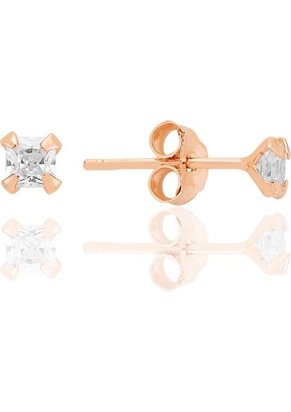 Gümüş Zirkon Taşlı,rose, Kare (Prenses) Kesim 3 mm Tektaş Küpe SGTL12741ROSE