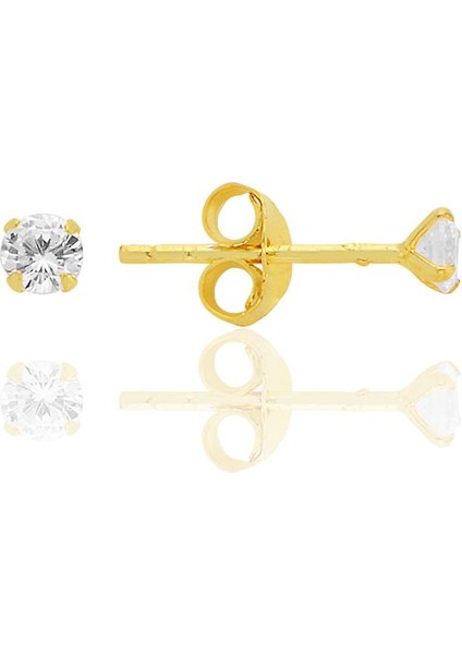 Gümüş Zirkon Taşlı, Altın Yaldızlı, Yuvarlak Kesim 3 mm Tektaş Küpe SGTL12744GOLD