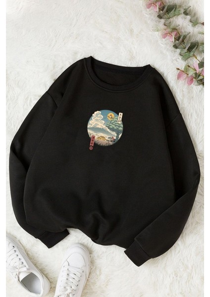 Unisex Neighbor's Ukiyo E Baskılı Bisiklet Yaka Sweatshirt