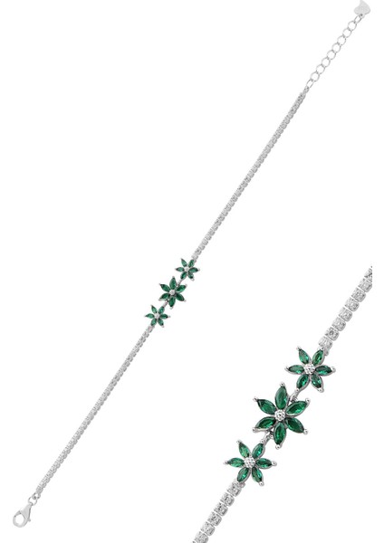 Gümüş Rodyumlu Markiz Kesim Yeşil Taşlı Lotus Çiçekler Su Yolu Bileklik SGTL12761 Yeşil