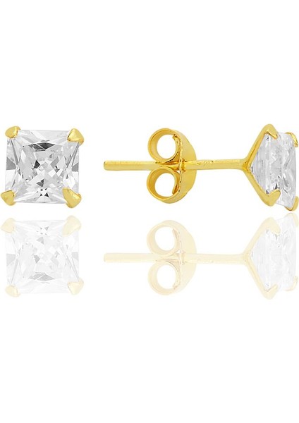 Gümüş Zirkon Taşlı,altın Yaldızlı,kare (Prenses) Kesim 5 mm Tektaş Küpe SGTL12743GOLD