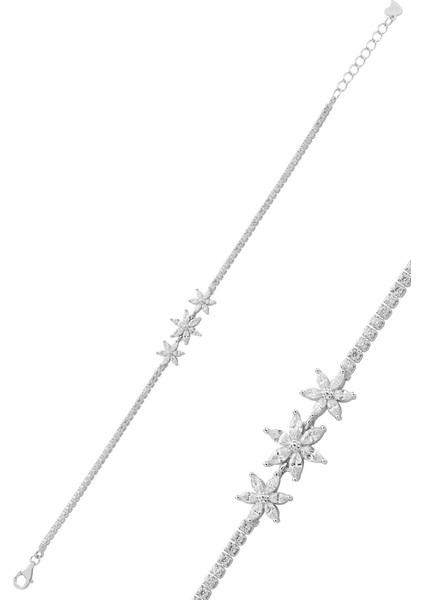 Gümüş Rodyumlu Markiz Kesim Zirkon Taşlı Lotus Çiçekler Su Yolu Bileklik SGTL12761 Beyaz