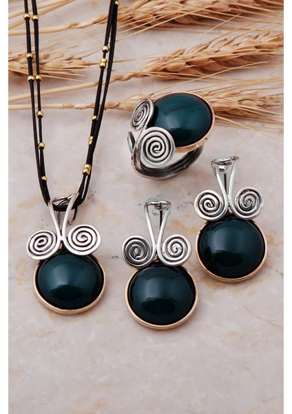 Yeşim Taşlı Tasarım Elişi Gümüş Set 1732