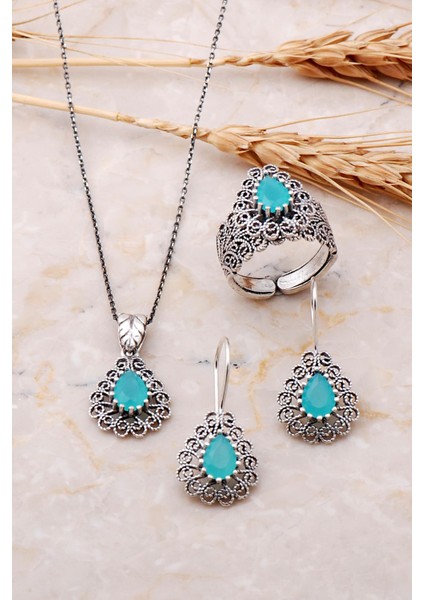 Telkari İşlemeli Kalsedon Taşlı Gümüş Damla Set 1888