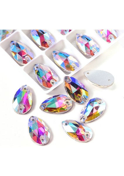 Premium Kalite Altı Düz Delikli Dikme Kristal Taş Teardrop 10*14MM Crystal Ab (36 Adet)