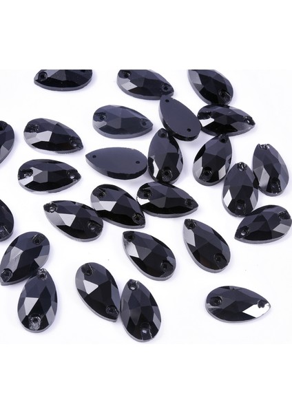 Premium Kalite Altı Düz Delikli Dikme Kristal Taş Teardrop 10.5*18MM P02 Black (28 Adet)