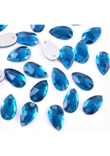 Premium Kalite Altı Düz Delikli Dikme Kristal Taş Teardrop 10.5*18MM P15 Capri Blue (28 Adet)