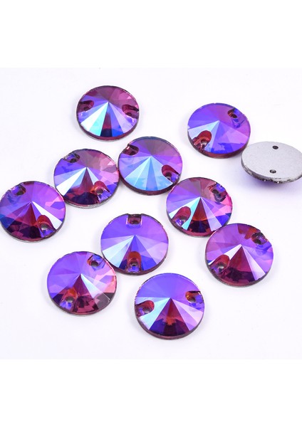 Premium Kalite Altı Düz Delikli Dikme Kristal Taş Round Rivoli 8mm P43 Light Amethyst Ab (84 Adet)