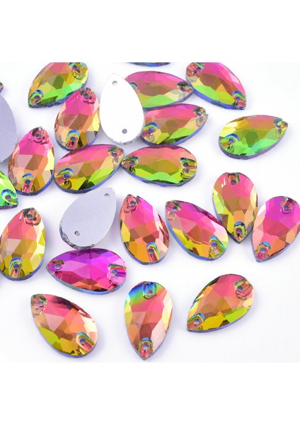 Premium Kalite Altı Düz Delikli Dikme Kristal Taş Teardrop 10.5*18MM P35 Rainbow (28 Adet)