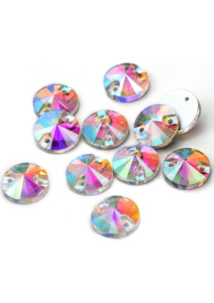 Premium Kalite Altı Düz Delikli Dikme Kristal Taş Round Rivoli 10MM Crystal Ab (72 Adet)