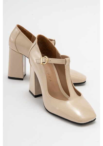 OMERA Bej Rugan Kalın Topuklu Kadın Ayakkabı