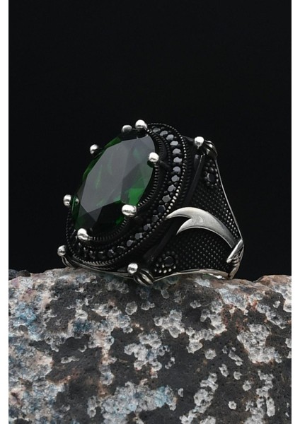 Zülfikar Hz. Ali'nin Kılıcı 925 Ayar Gümüş Erkek Yüzüğü Yeşil Zirkon Taşlı 901499