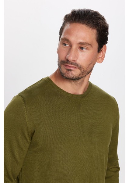Erkek Slim Fit Dar Kesim Bisiklet Yaka Haki Triko Kazak