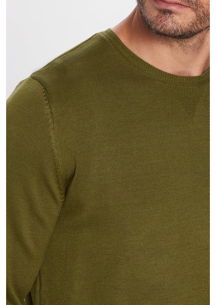Erkek Slim Fit Dar Kesim Bisiklet Yaka Haki Triko Kazak modelleri