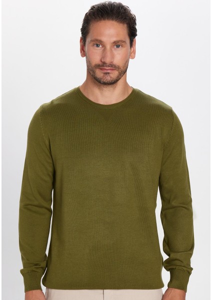Erkek Slim Fit Dar Kesim Bisiklet Yaka Haki Triko Kazak fırsatları