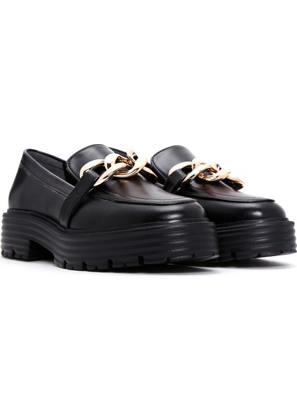 Kadın Siyah Kalın Tabanlı Maskülen Loafer 25SFE400318