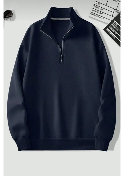 Uygun Tarz Dik Yaka Yarım Fermuarlı Düz Kazak Sweatshirt