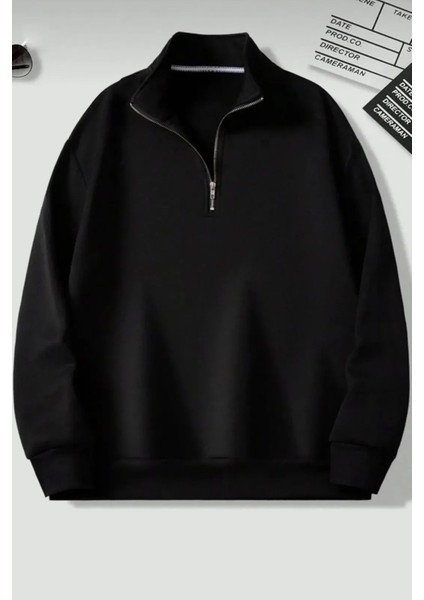 Dik Yaka Yarım Fermuarlı Düz Kazak Sweatshirt