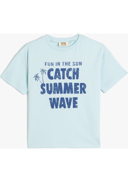 Oversize Tişört Kısa Kollu Bisiklet Yaka Yaz Baskı Detaylı Pamuklu