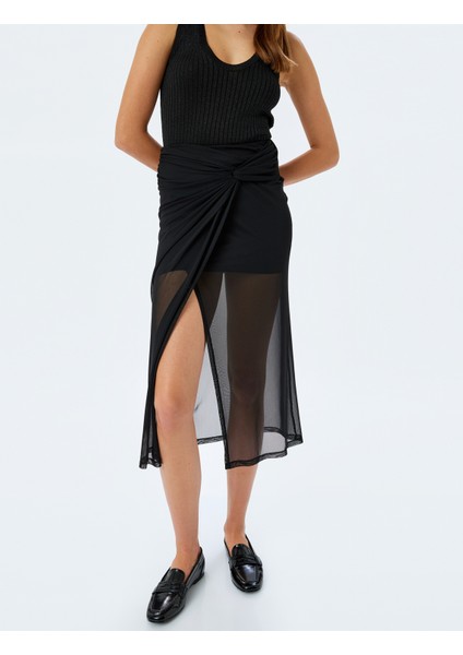 Yarım Astarlı Düğüm Detaylı Tül Midi Etek