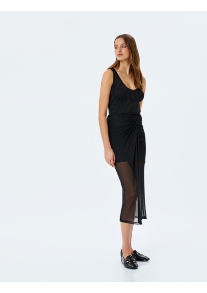 Yarım Astarlı Düğüm Detaylı Tül Midi Etek fiyatları