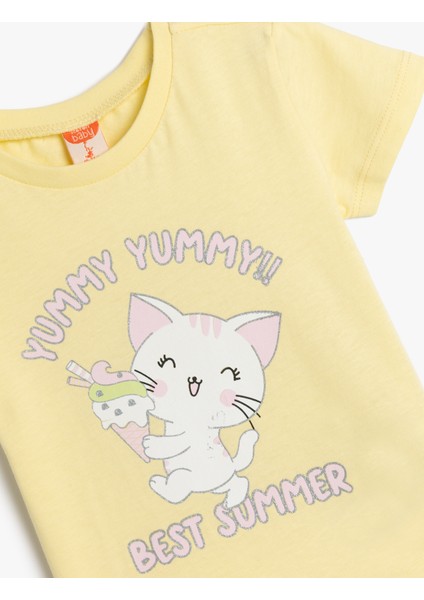 Pamuklu Bisiklet Yaka Kedi Baskılı Kısa Kollu Tişört